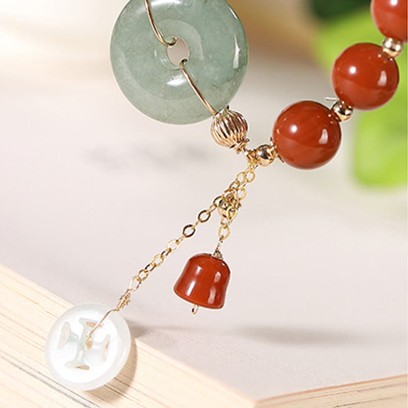 14k Gold Filled Jade & Red Agate Ping An Kou Wu Lou Chinese Coin Charm Bracelet
