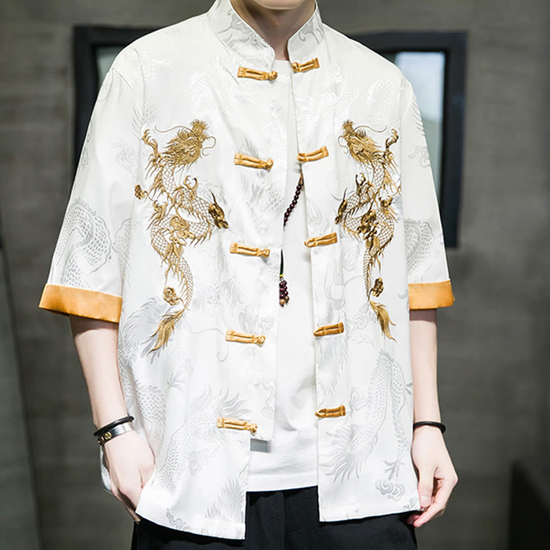 Frog-Button Chinese Dragon Embroidery Half Sleeve Shirt Linen Men Clothing