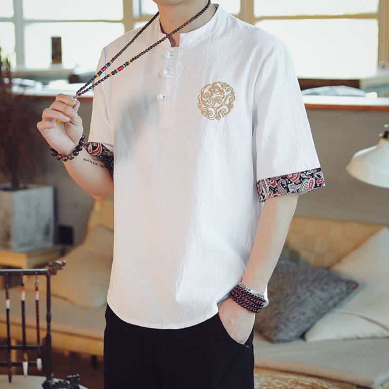 Frog-Button Dragon Embroidery Chinese Tang Suit Short Sleeve Shirt Linen Men Clothing