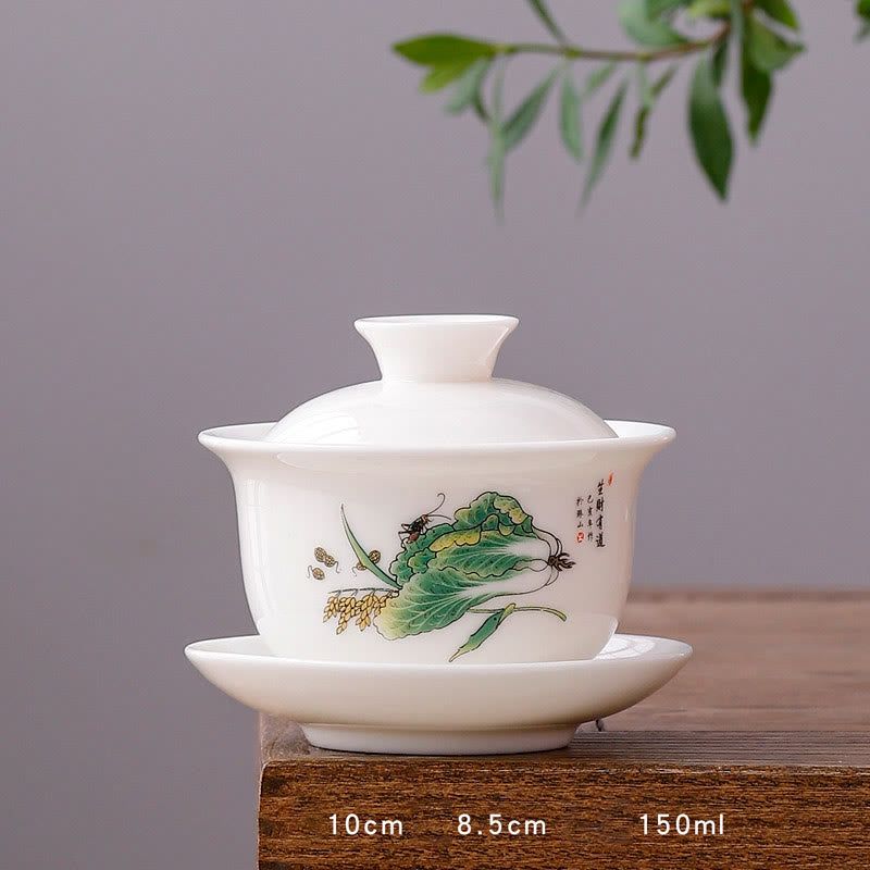 White Porcelain Mountain Landscape Countryside Ceramic Gaiwan Teacup Kung Fu Tea Cup And Saucer With Lid