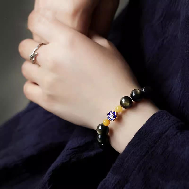Natural Gold Sheen Obsidian & Amber Bracelet with 925 Sterling Silver and Zodiac Guardian