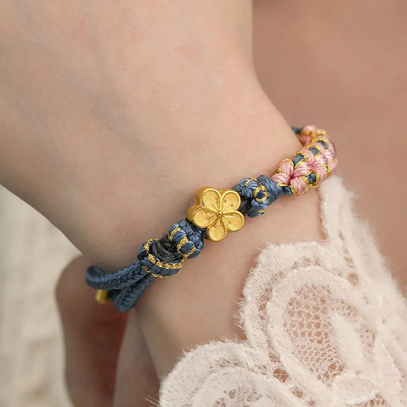 Handcrafted Red String Bracelet with Gold-Toned Copper Peach Blossom Charm