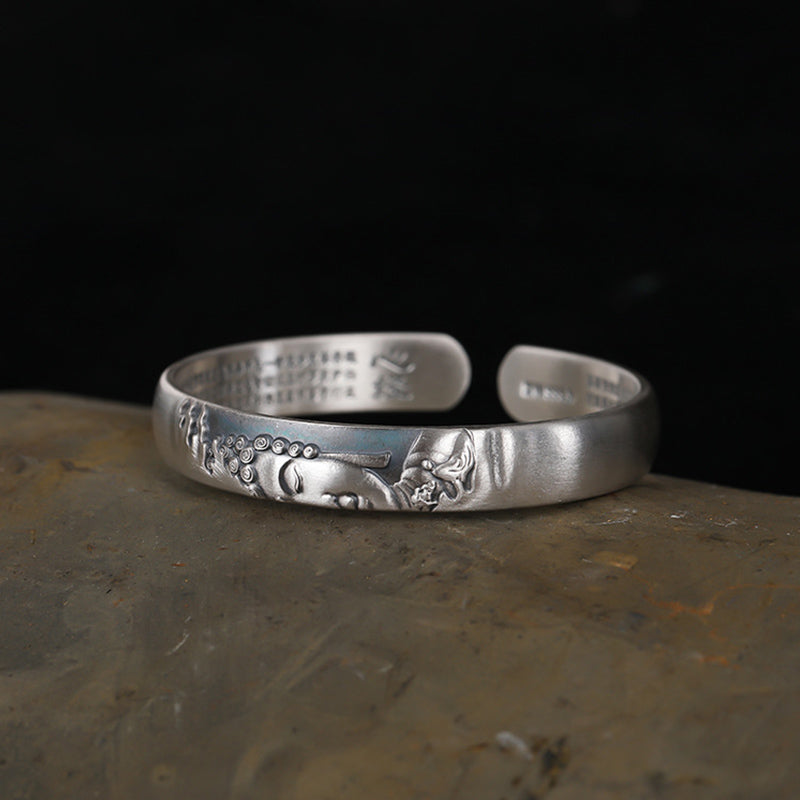 999 Sterling Silver Buddha Head Heart Sutra Serenity Bracelet Bangle