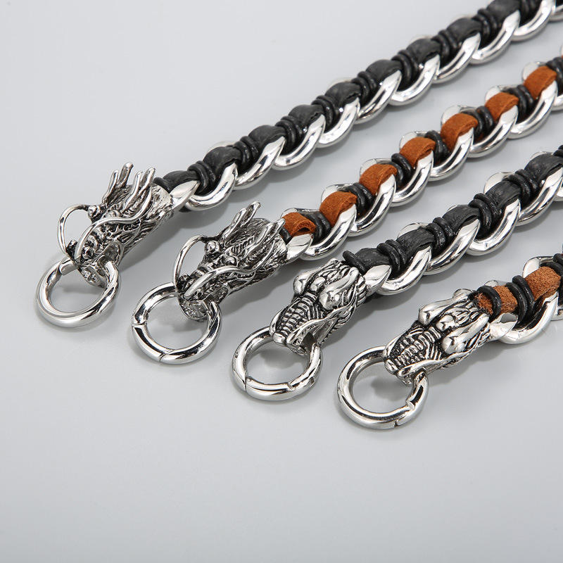 Masculine Dragon Braided Leather and Titanium Steel Bracelet