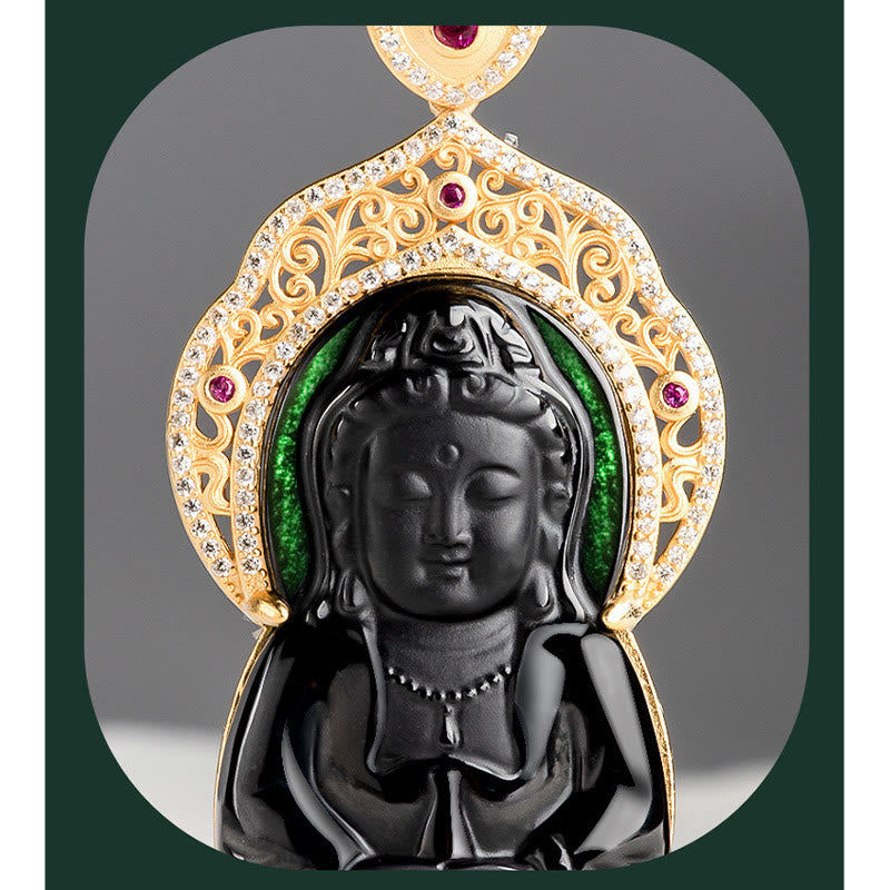 925 Sterling Silver Natural Black Jade Kwan Yin Avalokitesvara Wealth Necklace Pendant