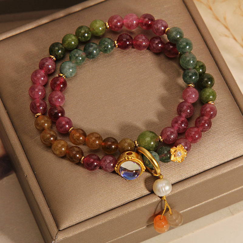 Multicolored Tourmaline Double Wrap Bracelet with Wu Lou Gourd Charm