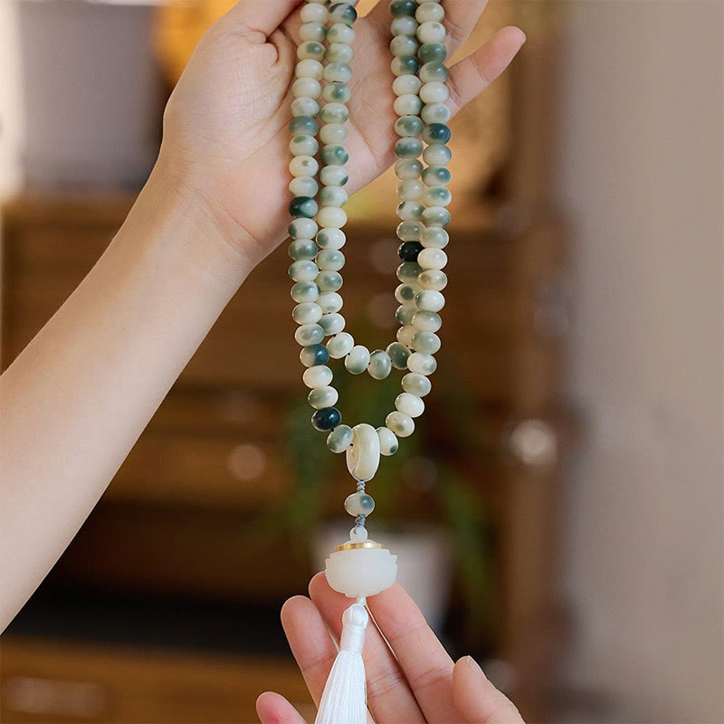 Natural 108 Mala Beads Bodhi Seed Lotus Engraved Wisdom Tassel Bracelet