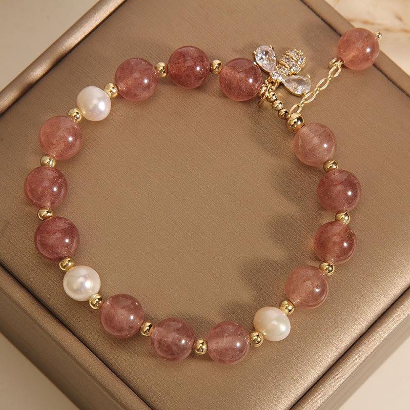 Strawberry Quartz and Pearl Beaded Bracelet with Zircon Honeybee Charm