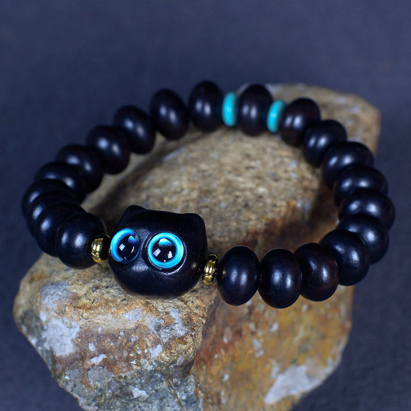 Natural Ebony Wood and Liuli Glass Lucky Cat Beaded Bracelet for Cat Lovers