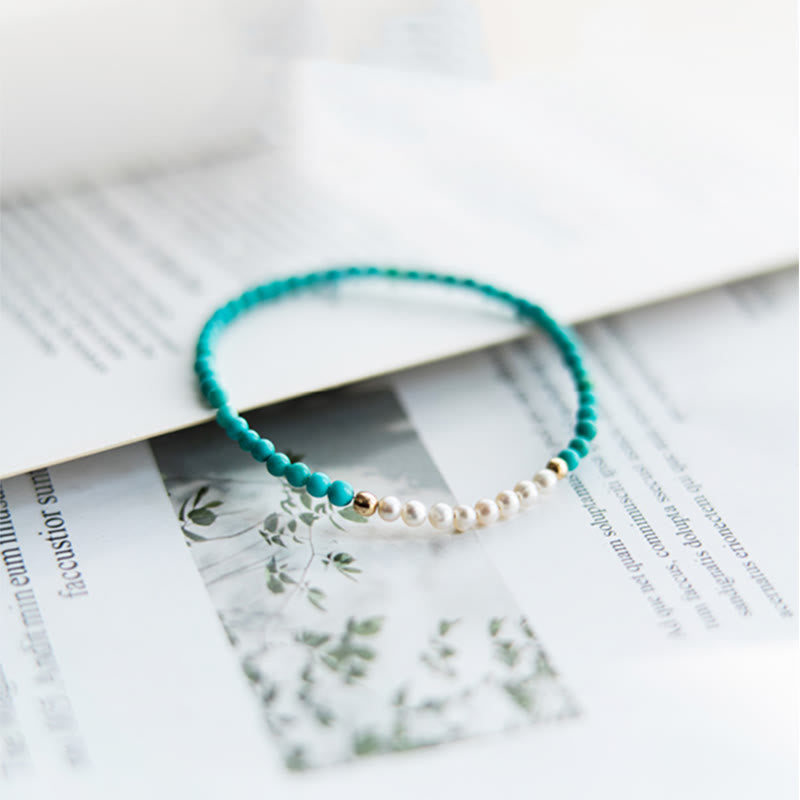 Handcrafted 925 Sterling Silver Natural Turquoise and Pearl Beaded Gold-Tone Bracelet
