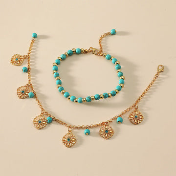 2Pcs Turquoise Flower Charm Bracelet and Anklet Set