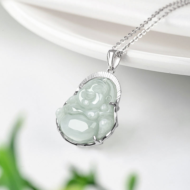 925 Sterling Silver Laughing Buddha Jade Luck Calm Necklace Chain Pendant