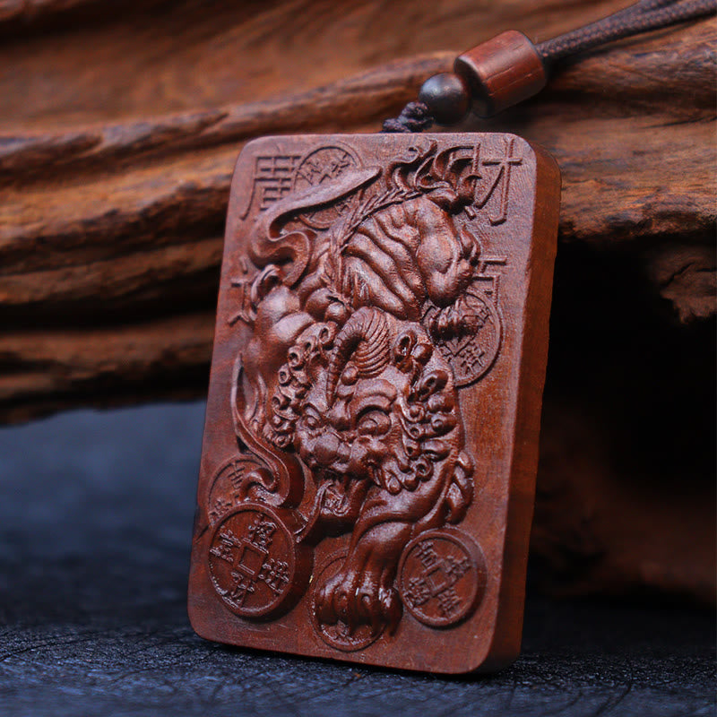 Natural Lightning Struck Jujube Wood PiXiu Copper Coin Good Fortune Necklace Pendant