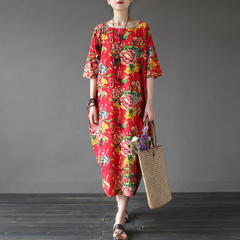 Red Peony Flowers Printed Midi Dress Half Sleeve Cotton Linen Dress