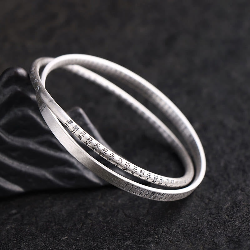 999 Sterling Silver Hand-Carved Heart Sutra Bangle Bracelet