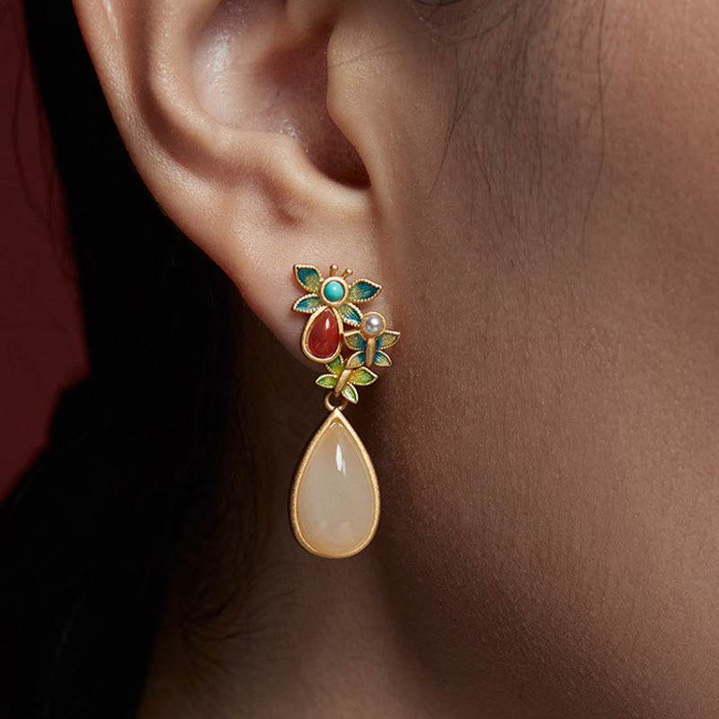 Water Drop White Jade Red Agate Butterfly Protection Drop Dangle Earrings