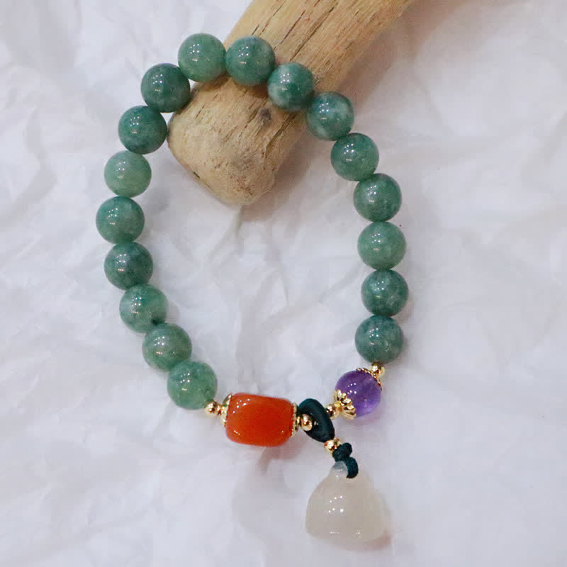 Cyan Jade, Golden Silk Jade & Amethyst Crystal Bracelet with Chalcedony & Energetic Styles