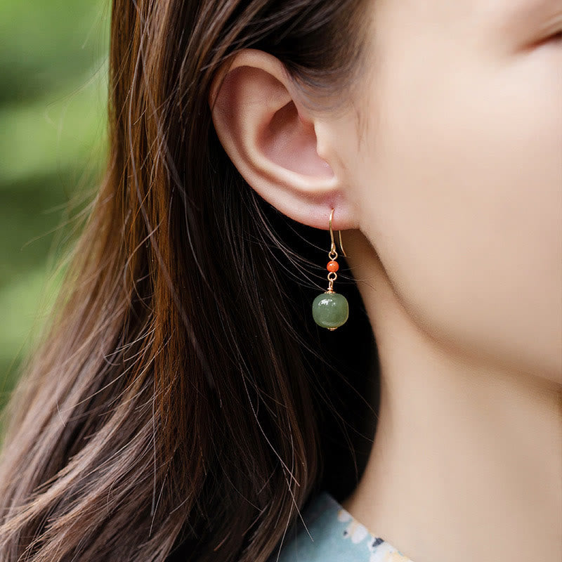 925 Sterling Silver Plated 14k Gold Hetian Jade Red Agate Luck Drop Dangle Earrings