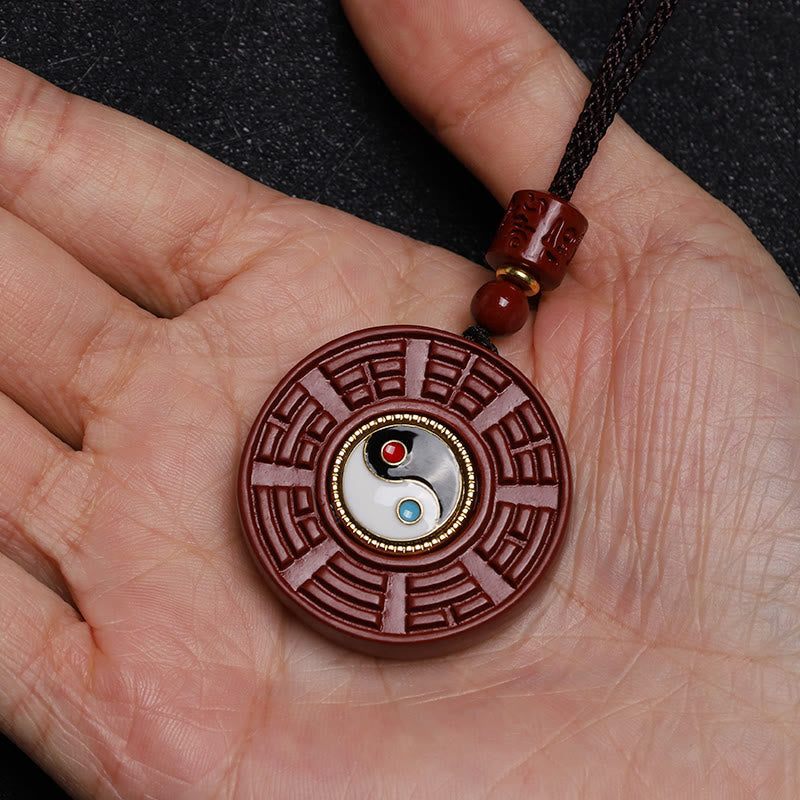 Natural Cinnabar Bagua Rotatable Yin Yang Keep Away Evil Spirits Necklace Pendant
