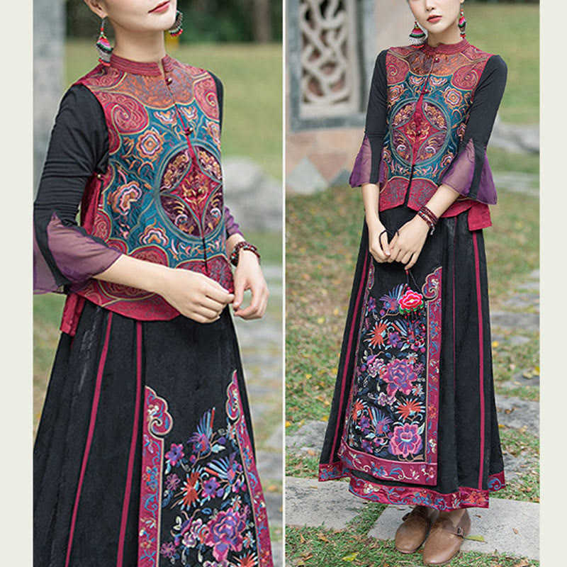 Vintage Style Embroidery Flower Tang Suit Design Sleeveless Vest