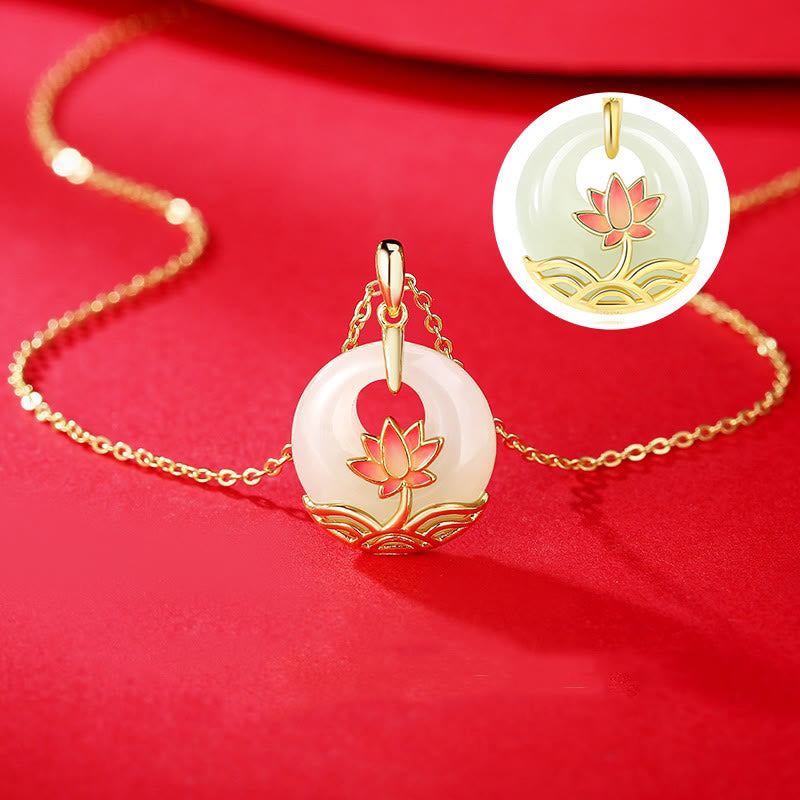 925 Sterling Silver Hetian White Jade Lotus Flower Blessing Necklace Pendant