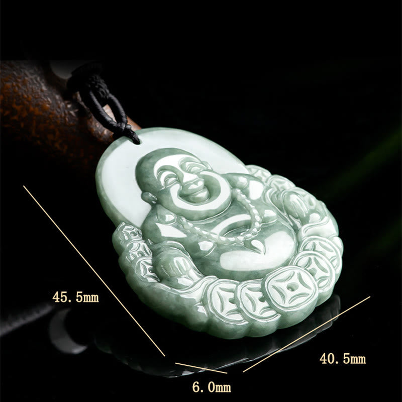 Laughing Buddha Natural Jade Copper Coin Abundance Necklace Pendant
