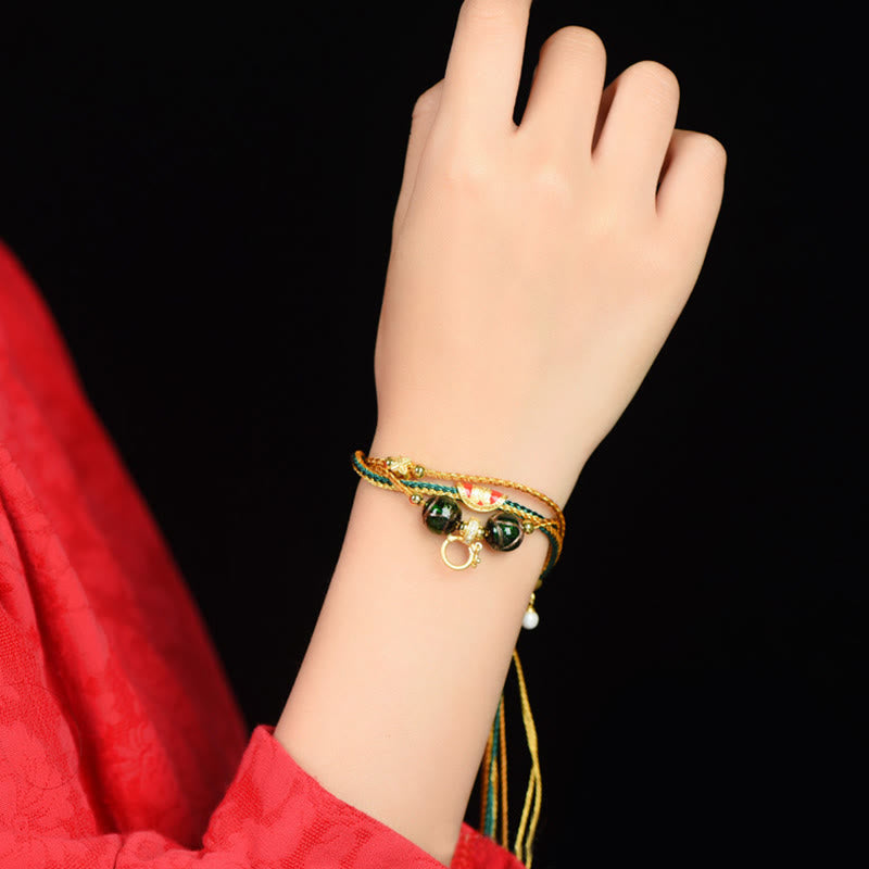 Tibetan Handmade Rope Liuli Glass Bead Braided Multilayered Healing Bracelet