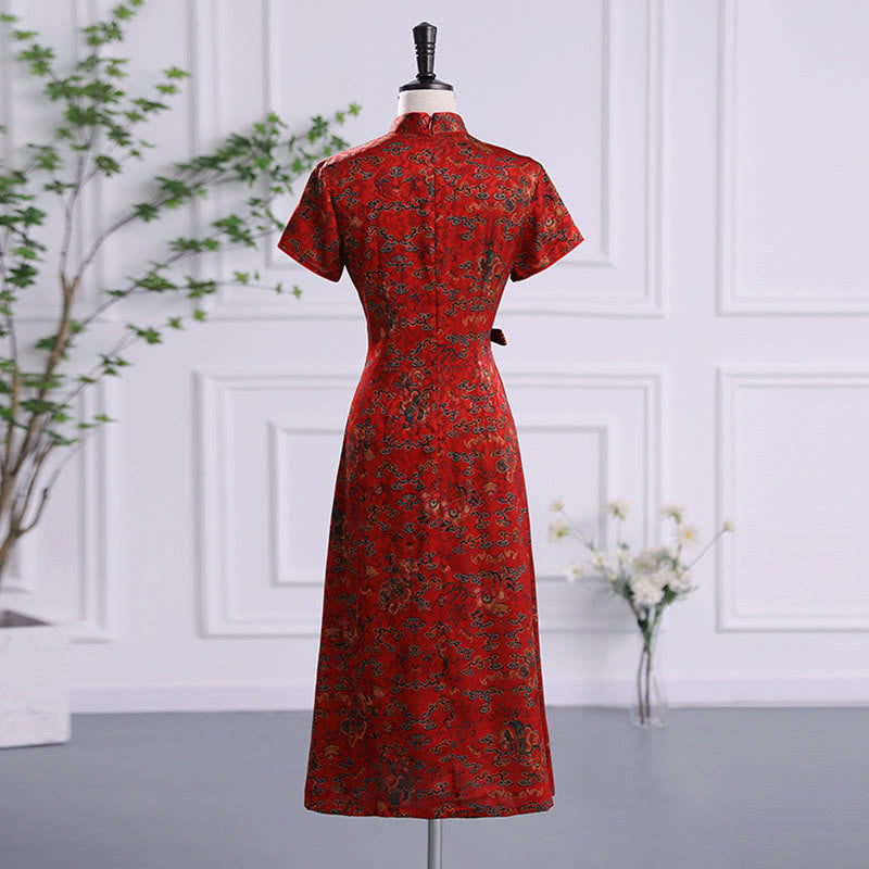 Vintage Auspicious Clouds Leaf Print Cheongsam Dress Women's Qipao Dress