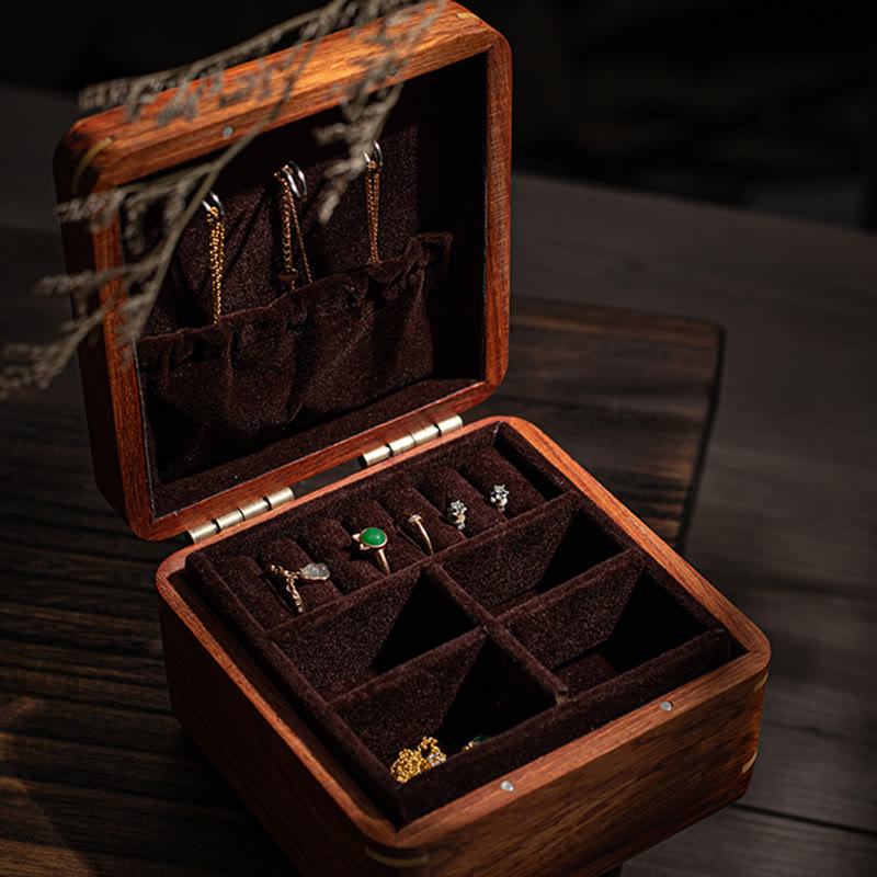 Antique Hand-Carved Rosewood Jewelry Storage Box with Floral Leaf Detail