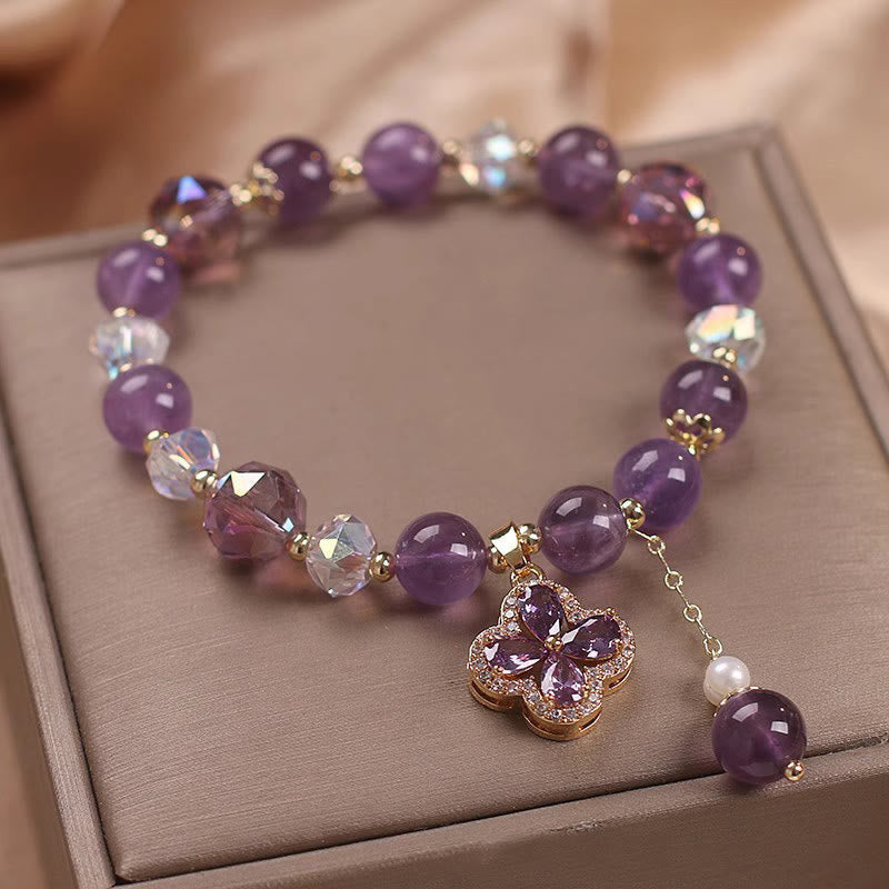 Natural Amethyst Crystal Four Leaf Clover Spiritual Healing Bracelet