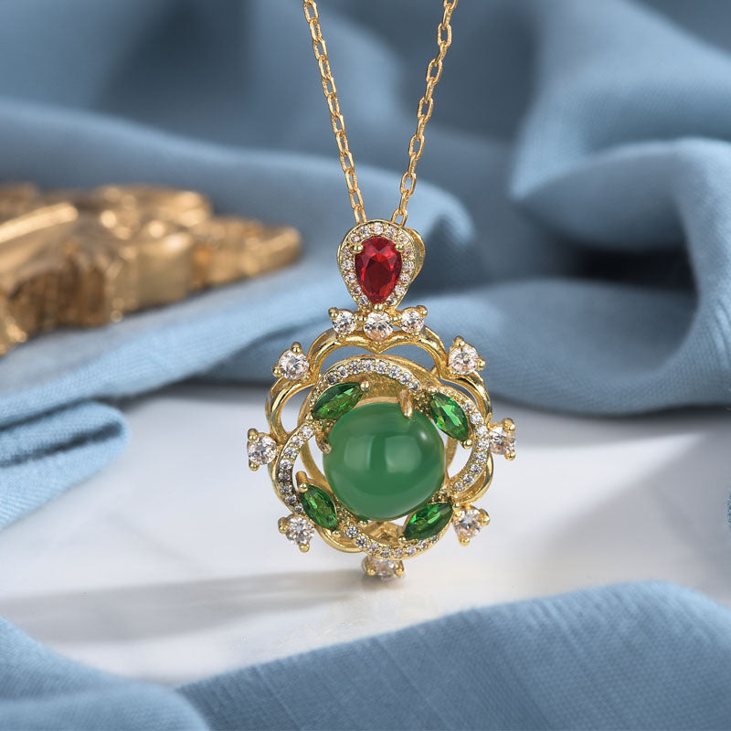 Cyan Jade Red Crystal Luck Necklace