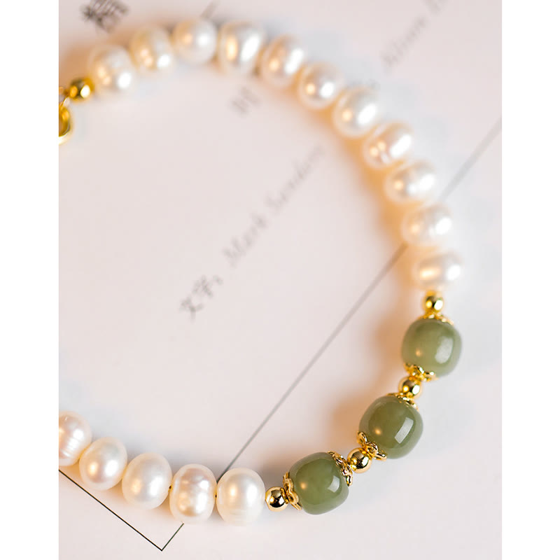 14K Gold Plated Natural Pearl & Hetian Jade Sincerity Bead Chain Bracelet