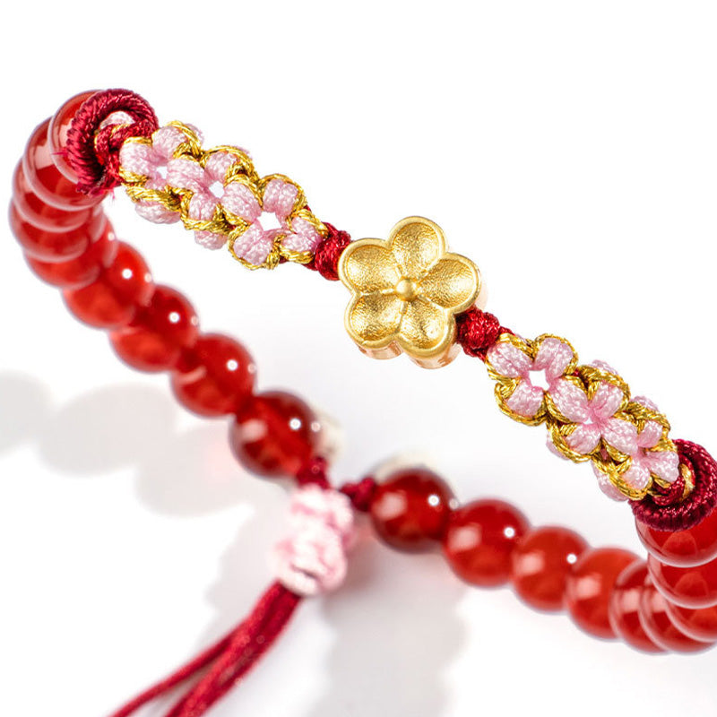 999 Sterling Silver Natural Red Agate Pink Crystal Cherry blossom Bracelet