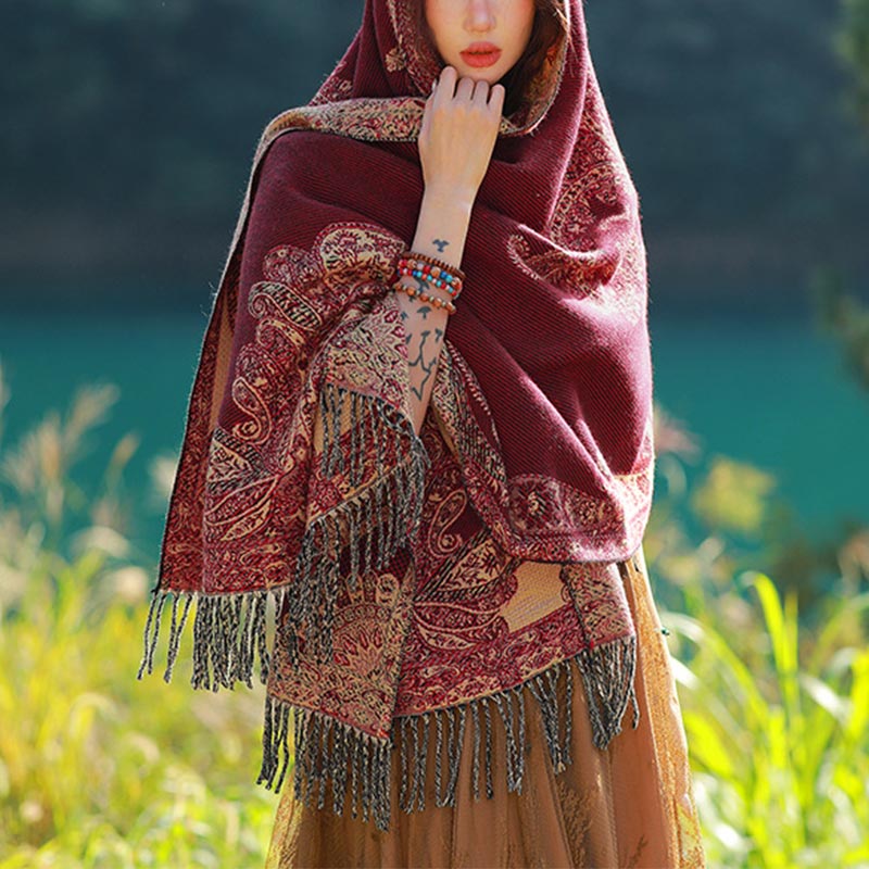 Tibetan Vine Leaves Pattern Design Shawl Cozy Travel Scarf Wrap