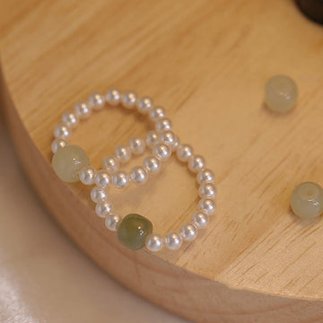 Natural Round Jade and Pearl Beaded Minimalist Ring