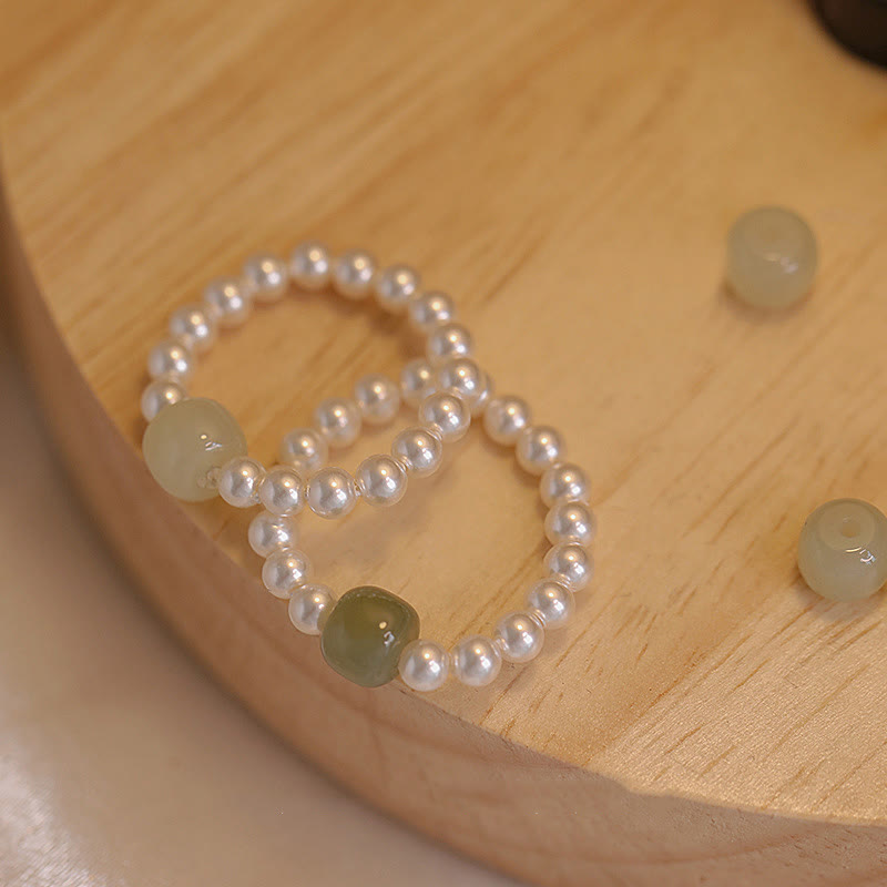 Natural Round Jade and Pearl Beaded Minimalist Ring