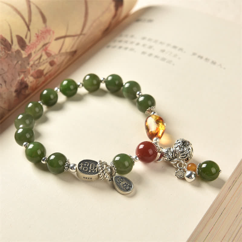 925 Sterling Silver Hetian Cyan Jade Gourd and Amber Harmony Bracelet