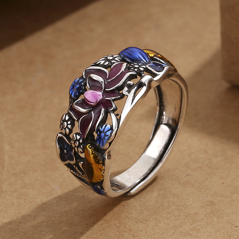 Koi Fish Lotus Flower Leaf Design Luck Wealth Ring