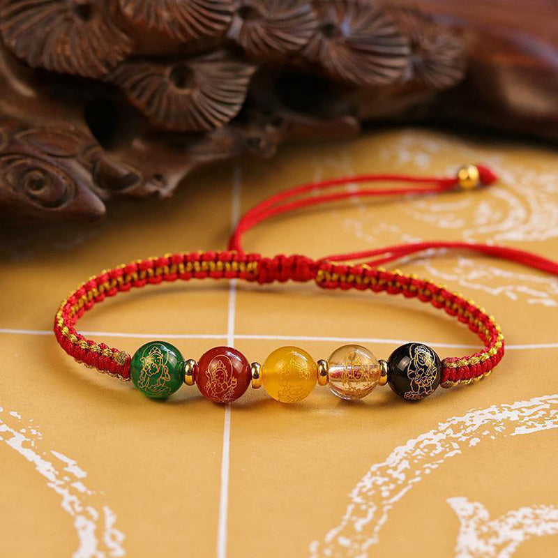 Handmade Five Directions Agate & Onyx Gold Copper Braided Red String Bracelet