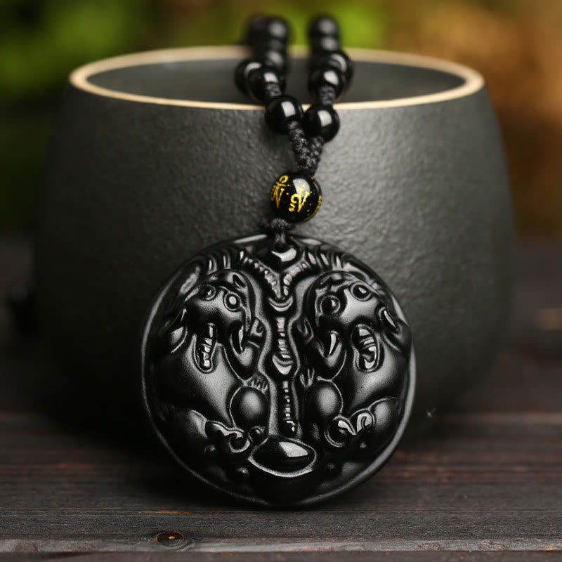 Black Obsidian Double Pixiu Bead Rope Purification Necklace Pendant