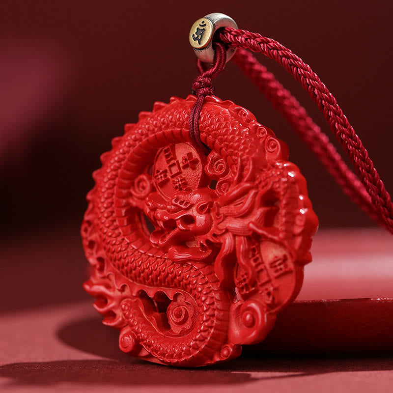 Year of the Dragon 925 Sterling Silver Natural Cinnabar Copper Coin Luck Necklace Pendant