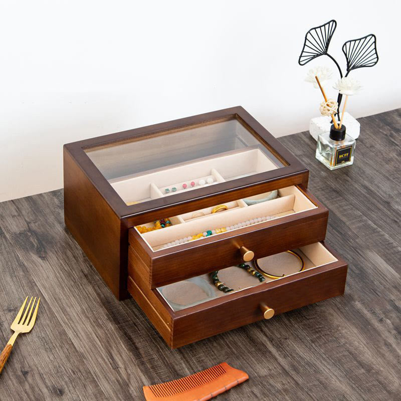 Retro Handcrafted Solid Wood Multi-Layer Jewelry Storage Box with Drawer