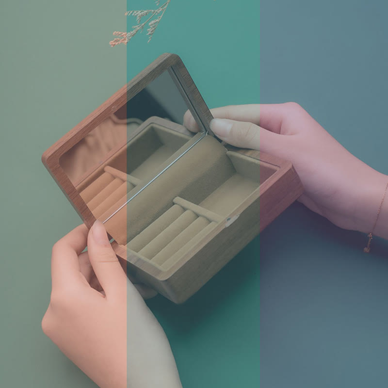 Vintage Handmade Black Walnut Wood Jewelry Storage Box With Mirror