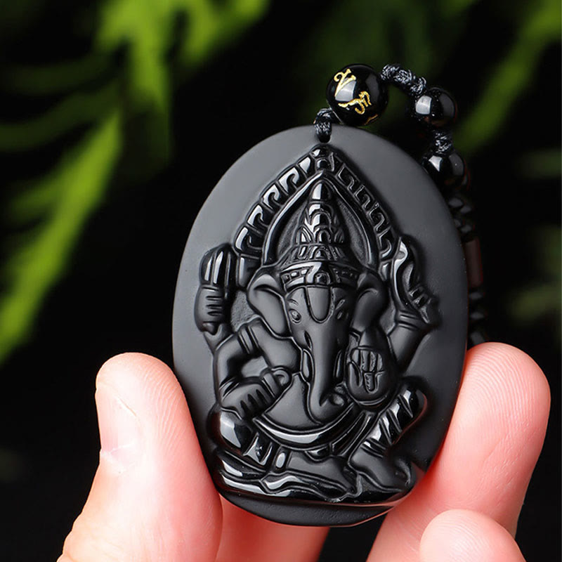 Tibetan Obsidian Ganesh Ganpati Elephant Wealth Amulet Necklace