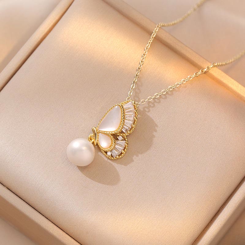 Tridacna Stone Pearl Bead Butterfly Healing Necklace Pendant Earrings Set