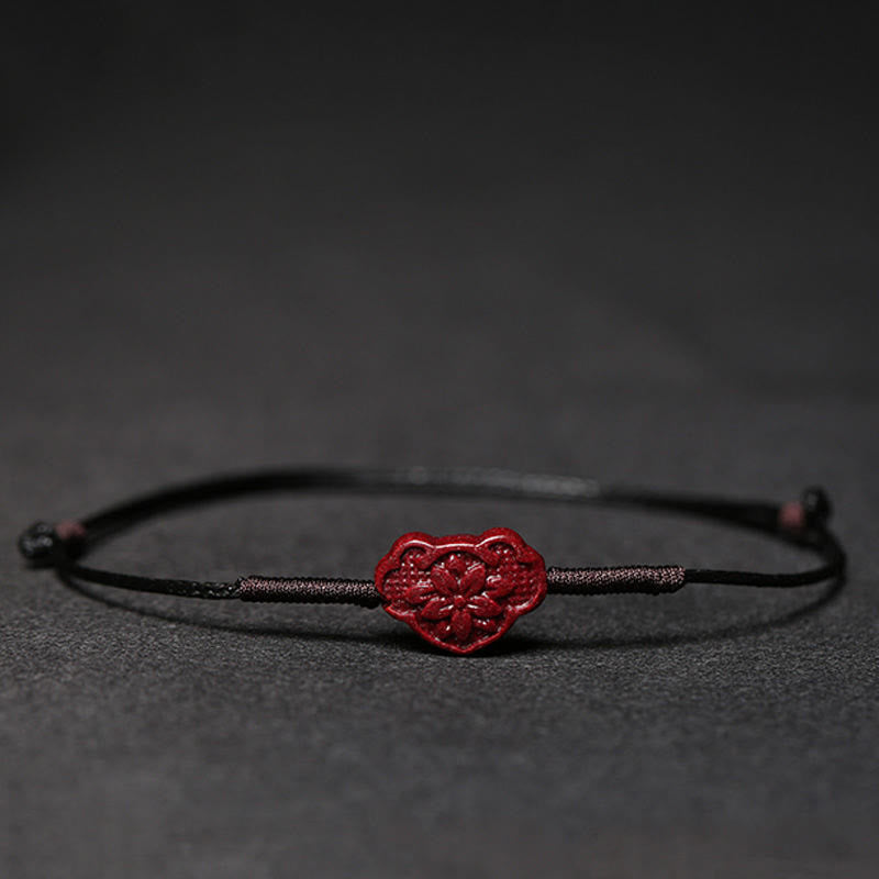 Handmade Cinnabar Braided Red String Bracelet with Carved Symbolic Charms