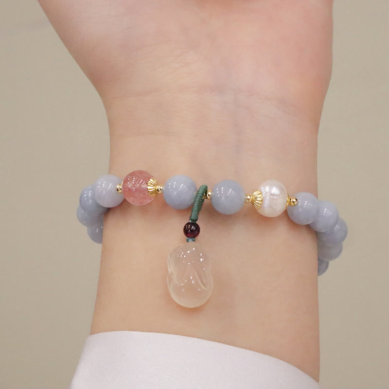 Natural Aquamarine & Chalcedony Beaded Charm Bracelet with Pearl & Symbolic Accents