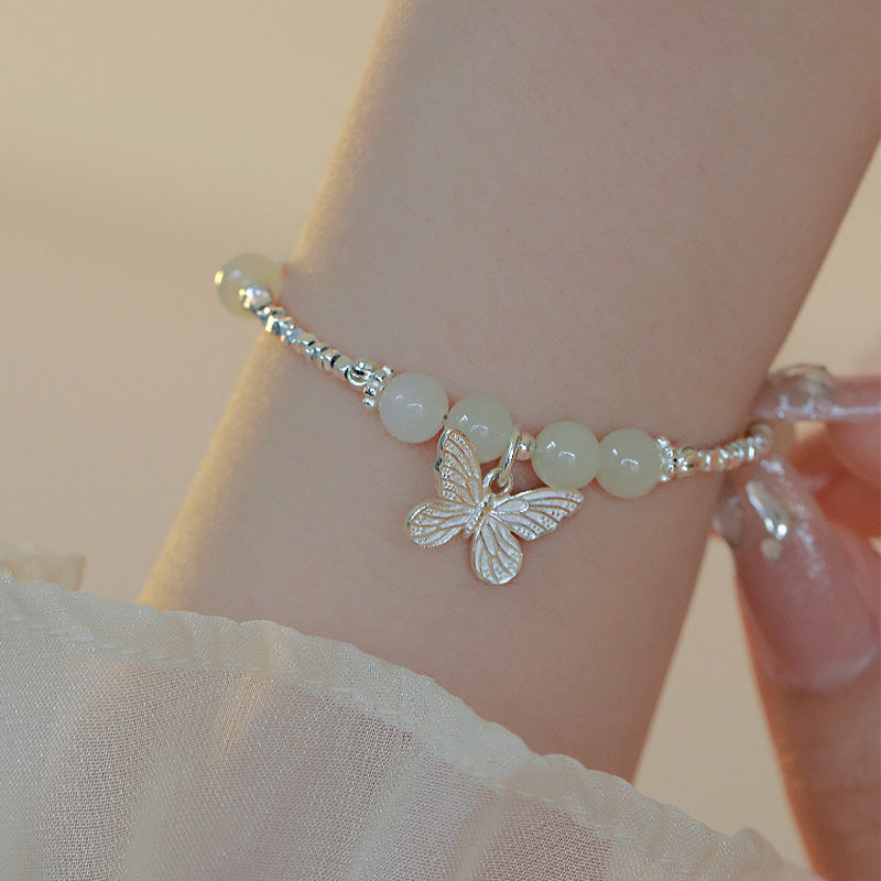 925 Sterling Silver Natural Hetian Jade Luck Butterfly Charm Bracelet
