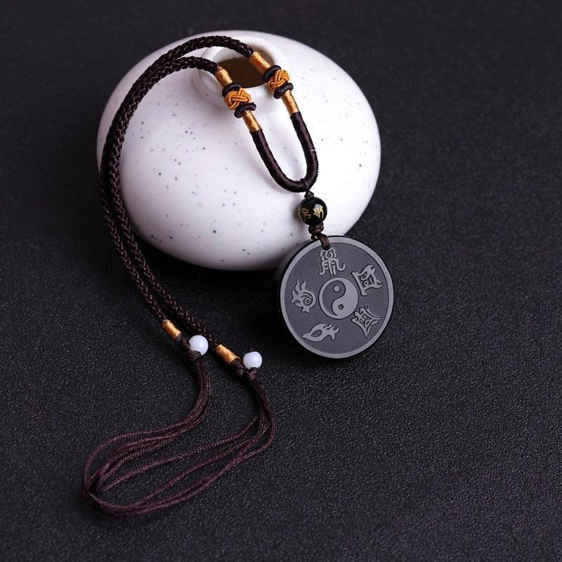 Natural Black Obsidian Taoism Five Sacred Mountains Nine-Character Mantra Carved Strength Yin Yang Necklace Pendant Key Chain
