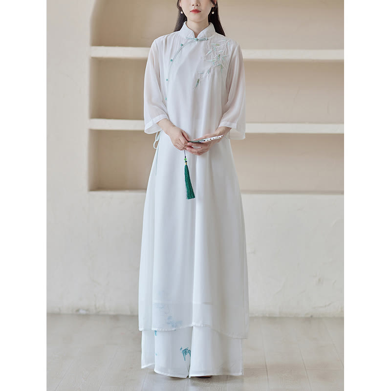 Bamboo Cheongsam Dress Midi Dress Wide Leg Pants Meditation Spiritual Zen Practice Clothing